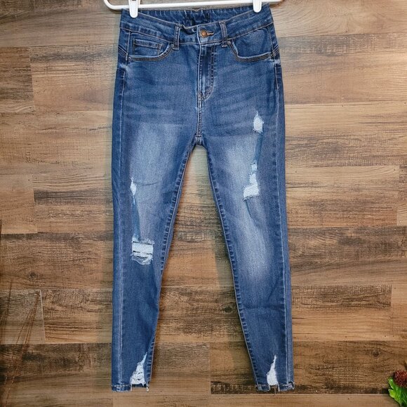 Wax Jeans Size 28 Mid Rise Skinny Medium Light Wash Ripped Stretch Denim - Picture 1 of 10